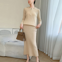 Ensemble en cachemire 100% pour femmes, pull à col zippé, jupe midi en tricot drapé, ensemble deux pièces pour toutes les saisons