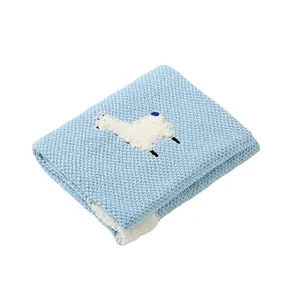 Kids Knitted Receiving Baby Cocoon Knit Blanket High End Animal Pattern 100% Cotton With Cute Sheep Grey Pattern