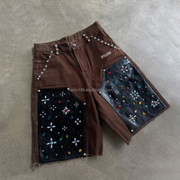 Shorts en jean streetwear surdimensionnés avec patchs en cuir personnalisés, de haute qualité, ornés de cristaux, pour la vente en gros