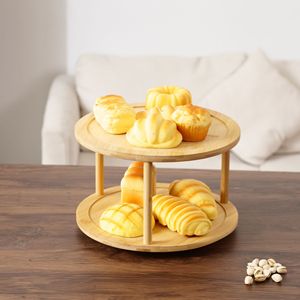 Meikai Bamboo Bread <b>Storage</b> <b>Rack</b> 2 Tier <b>Rotating</b> Desktop Kitchen Fruit Tray Multipurpose - Product Image 2