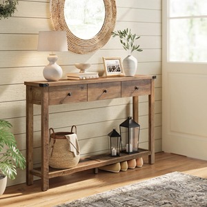 Farmhouse Luxury <strong>Narrow</strong> Entryway Console <strong>Table</strong> Hallway Wood 47.2 Inch Sofa <strong>Side</strong> <strong>Table</strong> with 3 Drawers Open Shelf Storage - Product Image 1