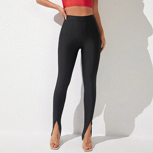 Leggings <span class=keywords><strong>Sportivi</strong></span> <span class=keywords><strong>Neri</strong></span> di Alta Qualità con Spacco Frontale Lucido, Elasticizzati, a Vita Alta, Aderenti per Fitness e Yoga - Product Image 1
