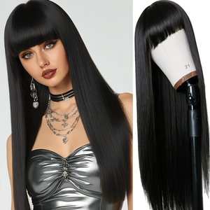 Perruque synthétique noire droite de 26 pouces avec frange, bonnet ajustable, haute densité, aspect naturel, résistante à la chaleur, pour usage quotidien et musique - Product Image 1
