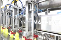 Ligne de remplissage, bouchage, étiquetage et emballage de détergent à piston linéaire avec suivi servo, changement rapide de bouteille, conception anti-goutte précise