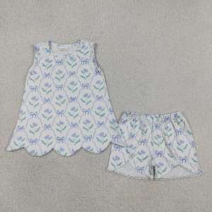 Ensembles de vêtements pour petites filles, style décontracté, printemps-automne, imprimé tulipes et nœuds, respirants, 95% coton, 5% élasthanne, prêts à expédier (RTS) - Product Image 2