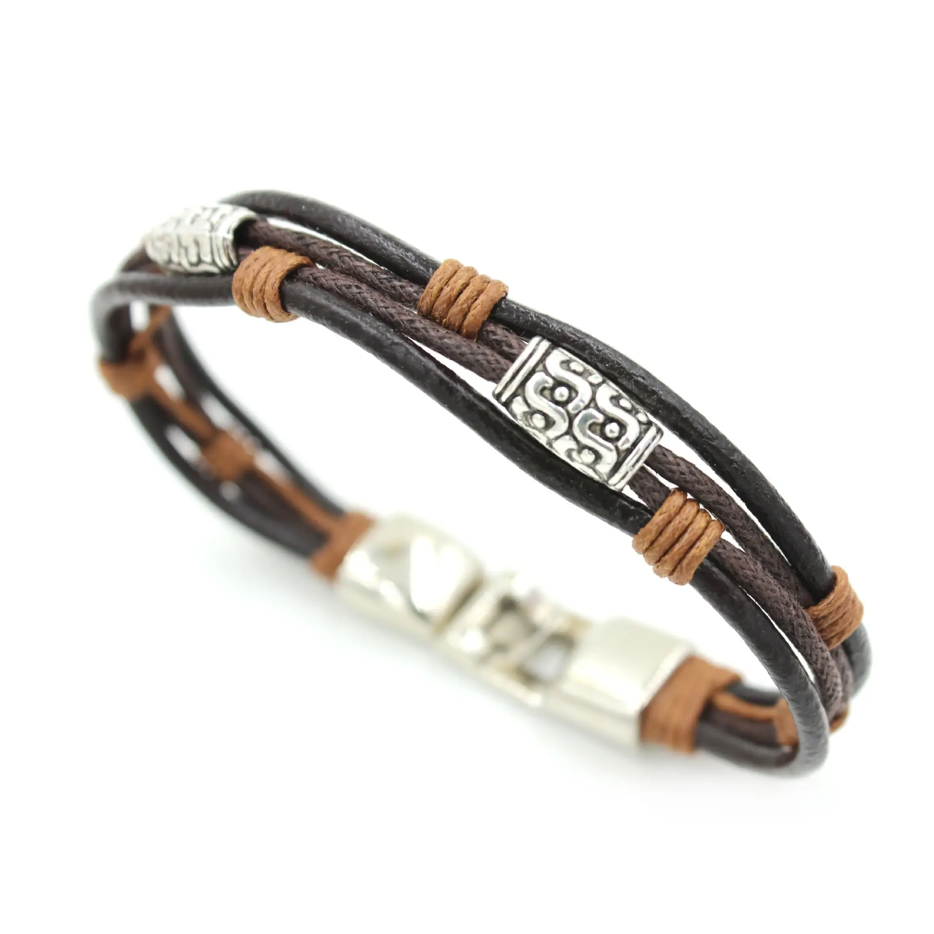 hot selling leather rope manufacturer bracelet two-color winding string alloy bead bracelet cowhide bracelet for men