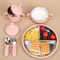 Ensemble d'alimentation pour bébé personnalisé avec logo, couvercle en silicone réutilisable, bol, assiette, cuillère et fourchette en acier inoxydable 304