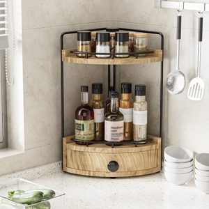 Wooden Double Layer Corner Storage <b>Rack</b> With Drawer For <b>Kitchen</b> Spice Organization Standing Type Rectangle Shape - Product Image 1