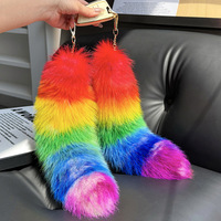 Porte-clés en fourrure de renard véritable de grande taille, fait à la main, mignon, arc-en-ciel, grande queue, design original, pendentif en fourrure de renard, pendentif en peluche pour sac