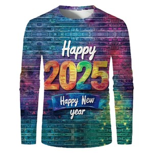Camiseta de Manga Larga con Estampado Digital de Feliz Año Nuevo 2025, Cuello Redondo, Unisex, Talla Grande, para Fiestas - Product Image 5