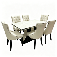 Ensemble de table et chaises de salle à manger en bois massif minimaliste moderne avec plateau en marbre, forme rectangulaire, finition noire, 6 places, assemblage requis