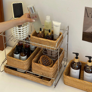 Natural Rattan Handmade <b>Storage</b> <b>Basket</b> For Cosmetics Brushes Dressing Table Desktop Organizer Retro Style - Product Image 1