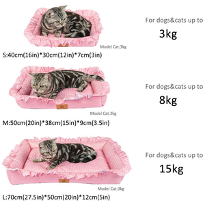 Cama elegante para mascotas con diseño cuadrado, bonita cama para mascotas con ribete de volantes, cojín transpirable de verano con patrón a cuadros para gatos y perros pequeños - Product Image 4