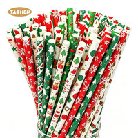 YACHEN Lot de 25 pailles en papier de Noël imprimées, écologiques, 12 motifs pour fêtes de Noël, café, bubble tea