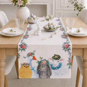 Chemin de table floral en aquarelle crème avec lapin, agneau, canard et poussin pour le brunch de Pâques, fête de printemps, décoration de table en gros - Product Image 3