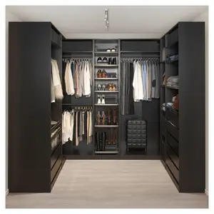 Customize Bedroom Closet Whole Set Black Wooden Lacquer Wardrobe U Shape Open Wardrobe With Drawer