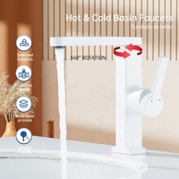 Robinet de lavabo moderne carré en alliage de zinc blanc mat avec bec pivotant à 360° en céramique, monocommande eau chaude/froide anti-éclaboussures