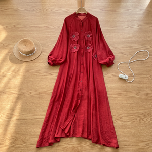 Vestido Maxi Rojo de Lino y Algodón con Apliques Florales, Manga Farol, Cuello Mandarín, Estilo Boho Holgado, Vestido Casual de Verano - Product Image 3