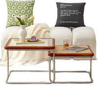 Ensemble de tables basses scandinaves durables - Meubles de salon compacts, luxueux et modernes en rotin et acier inoxydable