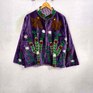 เสื้อแจ็คเก็ตปักลายซูซานีผ้ากำมะหยี่สำหรับผู้หญิง ระบายอากาศได้ดี ลายดอกไม้ งานฝีมือทำมือ เสื้อแจ็คเก็ตผู้หญิง ดีไซน์สวยงาม - Product Image 1