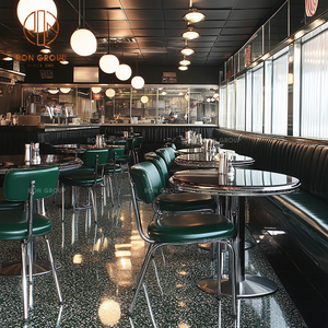 Set di Arredamento Moderno per Caffetteria e Ristorante: Tavoli da Pranzo con Base in Metallo, Sedute in Pelle Verde e <span class=keywords><strong>Divano</strong></span> Curvo in Pelle - Product Image 6