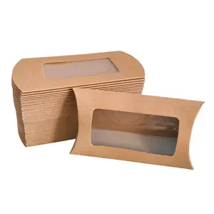 Travesseiro ecológico personalizado de qualidade alimentar 200-300gsm, caixa dobrável de papel kraft para doces e doces, com janela transparente