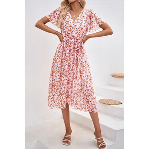 Vêtements pour femmes robe robe à fleurs personnalisée robe produit à la mode robe de soirée col V Floral maille ceinture avant robe pour les femmes