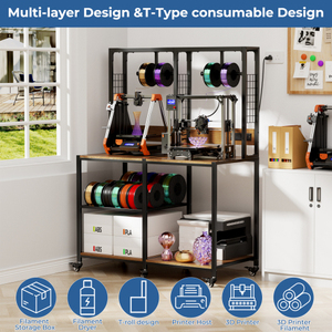 Banc de travail pour imprimante 3D industrielle avec étagère de rangement et support pour filaments, 1200x900x400mm, structure métallique - Product Image 2