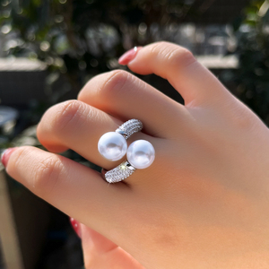 Anelli Regolabili con Doppia Grande Perla e Zirconi Cubici Brillanti per Donne, Gioielli per Feste, Fidanzamento, Anniversario e Matrimonio - Product Image 2