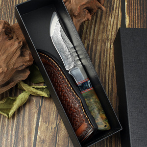 Mango dentado superior de Jimping Spin Ironwood y Funda de cuero 340 Bolster Ring VG10 Cordón de cuchillo de hoja fija de acero de Damasco - Product Image 2