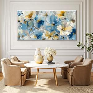 Stampa su Tela Floreale, Dipinto di Fiori Blu e Gialli, Arte Murale Floreale Astratta, Decorazione Moderna per Soggiorno, Grande Dipinto Incorniciato - Product Image 2