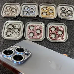 iPhone 15 14 13 12 Pro Max 3D全钢化玻璃保护器豪华闪亮钻石金属后置摄像头镜头屏幕保护器