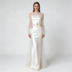 Robes pour femmes, blanches, transparentes, à manches longues, brodées <span class=keywords><strong>de</strong></span> fleurs, en satin et tulle, maxi, pour soirée, mariage - Product Image 4