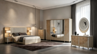 Cadre de lit de luxe aux tons neutres avec rangement, armoire à miroir coulissante, coiffeuse, tables de chevet, ensemble complet de meubles pour la maison