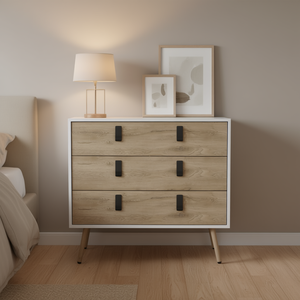 Comò Magness per Camera da Letto in Legno Macadamia Bianco con 3 Cassetti, Soluzione di Arredo Moderno Stile Mid-Century - Product Image 2