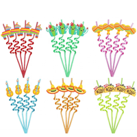Pailles en plastique de qualité alimentaire pour fête d'été mexicaine, accessoires de bar à jus pour fête d'anniversaire, pailles spirales mexicaines à motif de dessin animé
