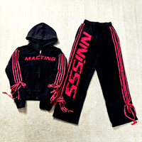 Ensemble streetwear personnalisé pour femme 2 pièces 100% coton respirant : Haut court, pantalon de survêtement évasé long, sweat à capuche zippé, délavé à l'acide avec franges
