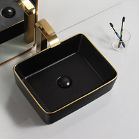 Lavabo de salle de bains en porcelaine moderne, vaisselle sanitaire, lavabo de salle de bains en céramique noir et or mat, lavabo artistique en or