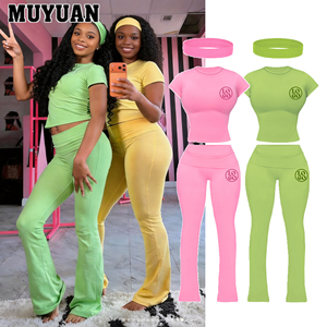 Ensemble de vêtements de détente deux pièces pour femmes de qualité supérieure, avec logo personnalisé, <span class=keywords><strong>pantalon</strong></span> en coton et élasthanne à revers et bandeau, idéal pour l'été - Product Image 1