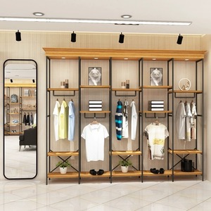 Présentoir de vêtements Vintage en bois massif centre commercial métallique haut de gamme étagères pour hommes vitrine conception suspendue au sol - Product Image 2