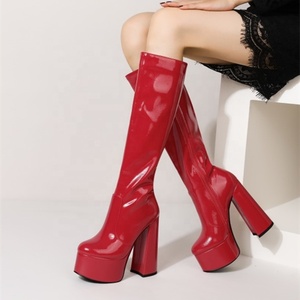 Botas de plataforma hasta la rodilla para mujer, estilo occidental, otoño-invierno 2022, talla grande, de charol, con tacón de bloque - Product Image 2