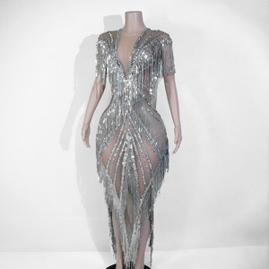 <span class=keywords><strong>Vestido</strong></span> Maxi de Lujo con Flecos de Pedrería Plateada y Malla Transparente, Sin Espalda, para Baile, Disfraces Sexys, Ropa de Baile Escénico, <span class=keywords><strong>Drag</strong></span> <span class=keywords><strong>Queen</strong></span>, para Mujer, En Stock - Product Image 2