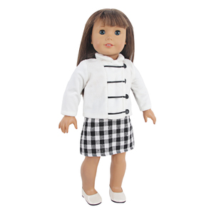 Vêtements de poupée personnalisés OEM ODM de 18 pouces Ensemble <span class=keywords><strong>manteau</strong></span> d'<span class=keywords><strong>hiver</strong></span> et jupe à carreaux Ensemble de mode élégant pour poupées américaines en gros - Product Image 6