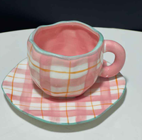 Tasses à Café en Céramique Fait Main Motif Nuage Bleu avec Soucoupe Irrégulière, Ensemble de Tasses à Thé d'Après-Midi 300ml, Idéal Cadeau pour Couple