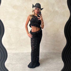 Robe longue sans manches à col rond en dentelle ajourée, style crop top, avec superposition transparente, robe de soirée à taille naturelle, origine Yiwu - Product Image 4