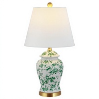 Lampe de table LED 22 pouces, blanche et verte, en céramique et métal, style chinoiserie, abat-jour en lin traditionnel français, finition laiton doré