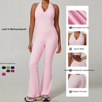 Meilleure vente transfrontalière : Combinaison de yoga une pièce en dentelle à col en V, haut de fitness avec design dos élégant, effet push-up fessier et contrôle du ventre, style licou