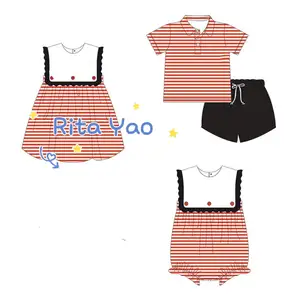 Mới Đến Bé Màu Đỏ Sọc Dệt Kim Cotton Bib Ruffle Romper Cậu Bé Áo Sơ Mi Ngắn Trang Phục Thiết Lập Cô Bé Bib Sundress 2024