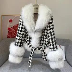 Jaket Desain Baru Wanita Musim Dingin Bulu Rubah Asli Potongan Kotak-kotak Wol Jaket dengan Ikat Pinggang