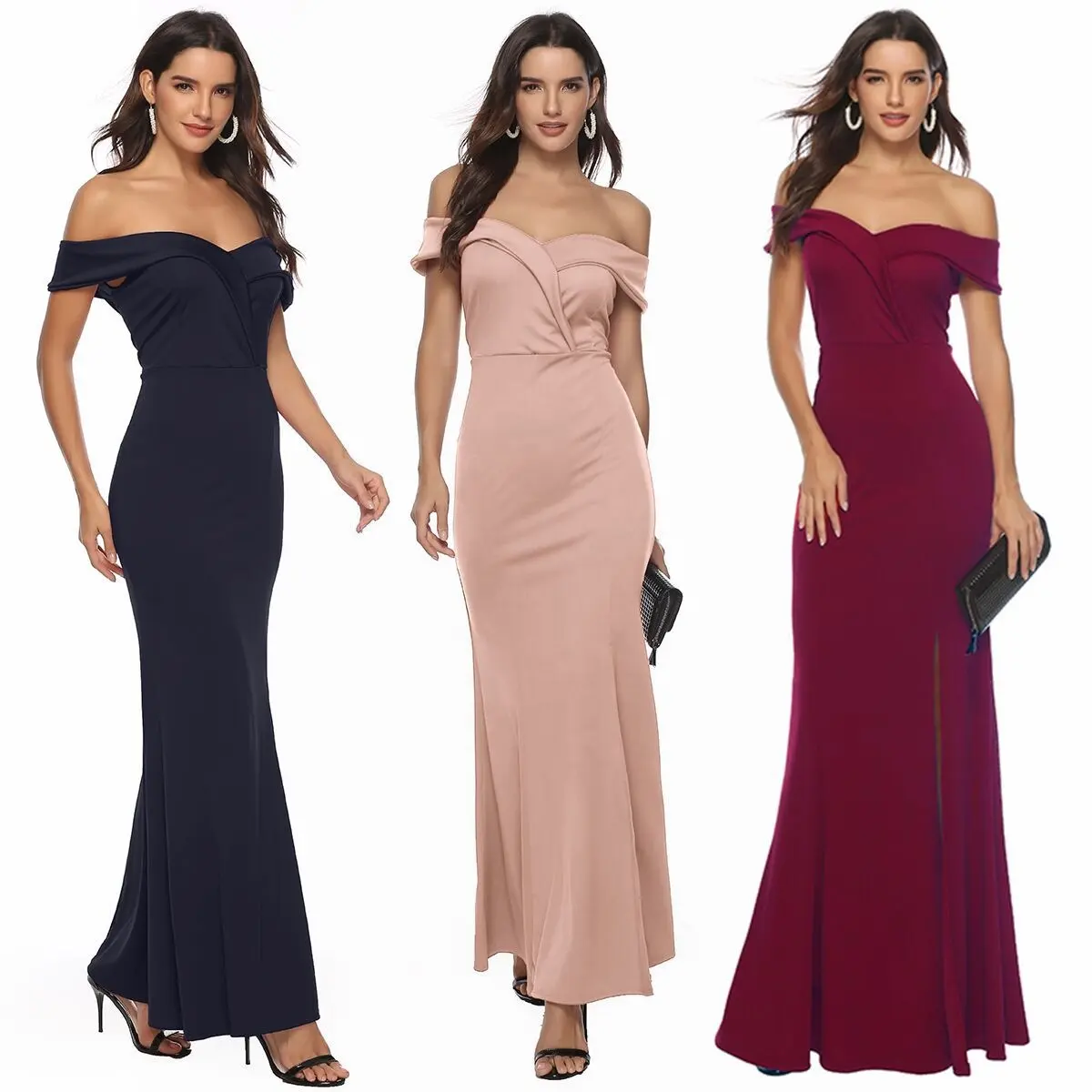Hot Selling Elegant Graceful Women Evening Dress Off Flat Shoulder Plus Size Women's Wedding Dresses Slit Banquet Party Skirt